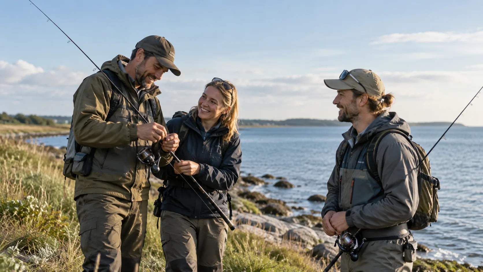 Tre lystfiskere deler erfaringer og fisker sammen ved kysten